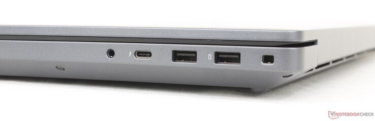 Rechts: 3,5 mm headset, USB-C Thunderbolt 4 (40 Gbps) w/ DisplayPort + Power Delivery, 2x USB-A 3.2 Gen. 1 (5 Gbps), vergrendelingssleuf