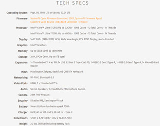 Volledige specificaties van de laptop (Afbeelding bron: System76)
