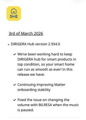 De release notes voor IKEA Dirigera Hub software versie 2.934.0