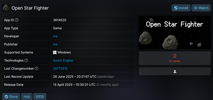 Open Star Fighter gestolen Steam spel (Afbeelding bron: screenshot, SteamDB)