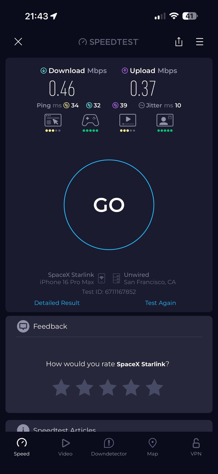 Starlink Standby Mode downloadsnelheden. (Afbeeldingsbron: ilikewolves99/Reddit)