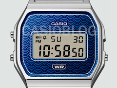 Een close-up van de wijzerplaat van het Casio A159WEV horloge met het watermerk van Casioblog.