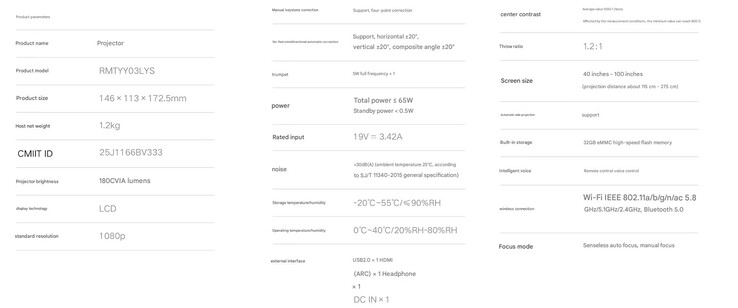 Volledige specificaties van Redmi Projector 3 Lite (Afbeelding bron: Xiaomi - machine vertaald)