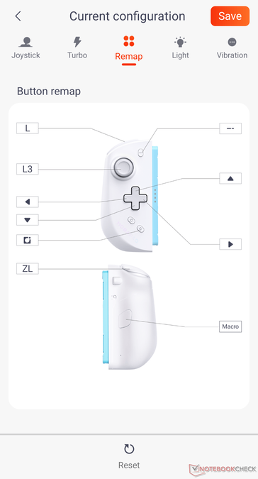 De afzonderlijke knoppen (inclusief de extra macroknop aan de achterzijde) worden via de app geconfigureerd.