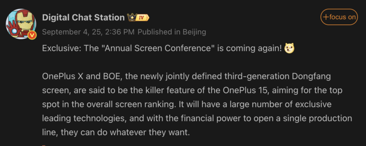 Uitgelekte details van het display van de OnePlus 15. (Afbeeldingsbron: OnePlus)