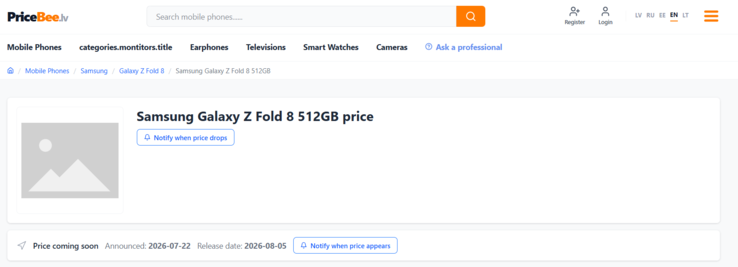 Pricebee, gevestigd in Letland, vermeldt 5 augustus als de datum waarop de Samsung Galaxy Z Fold 8 verkrijgbaar zal zijn.