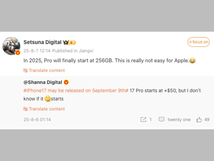 Weibo bericht van de leaker over iPhone 17 Pro basismodel 256 GB. (Afbeeldingsbron: Setsuna Digital op Weibo, screenshot)