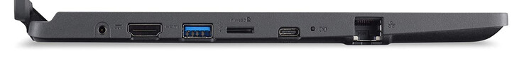 Linkerzijde: stroomaansluiting, HDMI, USB 3.2 Gen 1 (Type A), geheugenkaartlezer (microSD), USB 3.2 Gen 1 (Type C; DisplayPort, Power Delivery), Gigabit Ethernet
