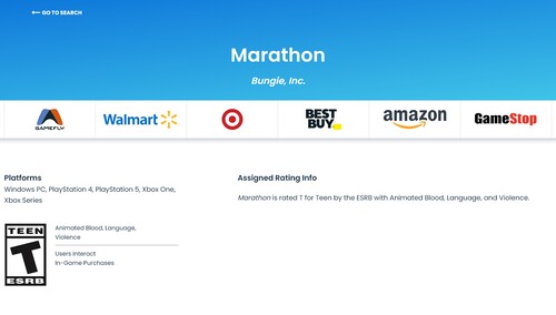 Marathon ESRB beoordelingspagina wordt weergegeven