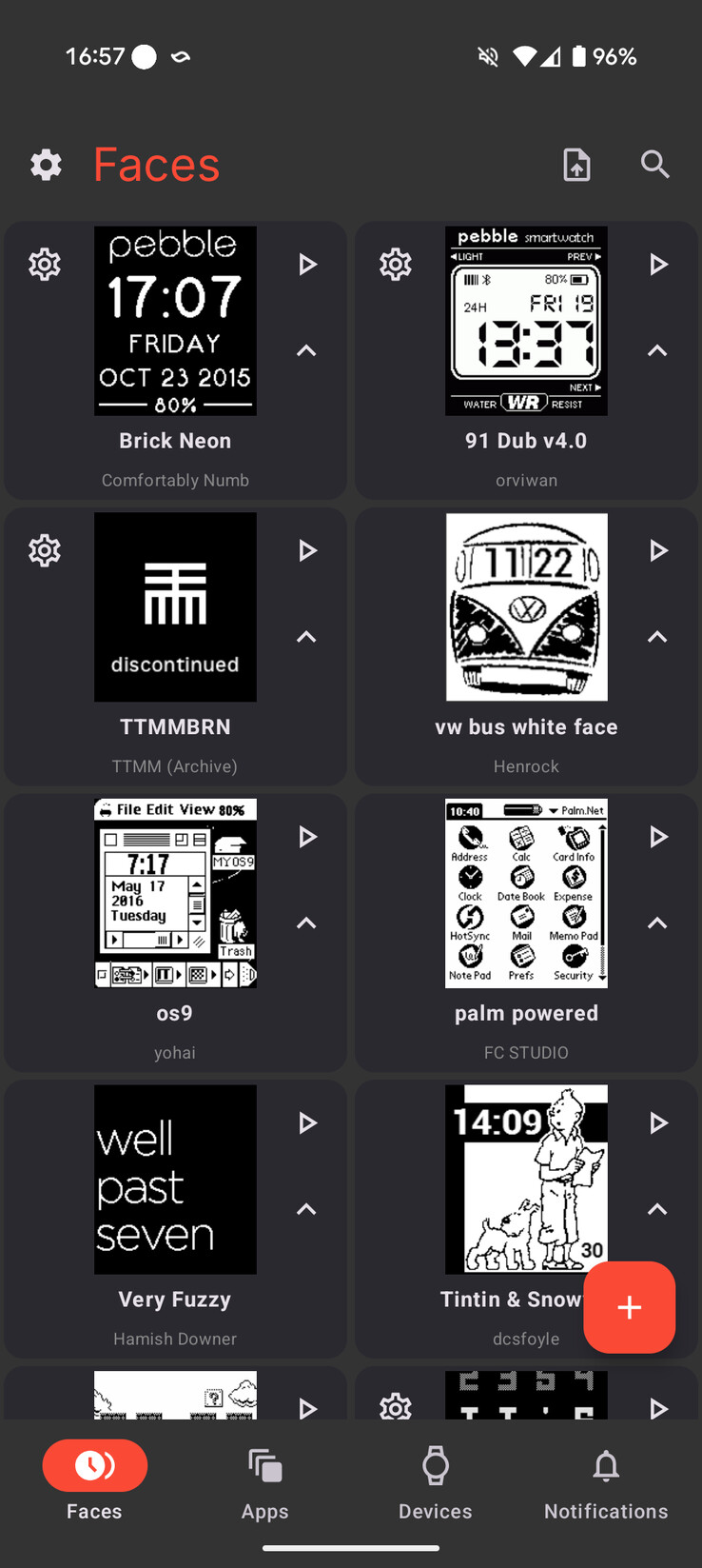 Een screenshot van enkele van de Watch Faces in de nieuwe Pebble app. (Afbeeldingsbron: Eric Migicovsky via X.com)