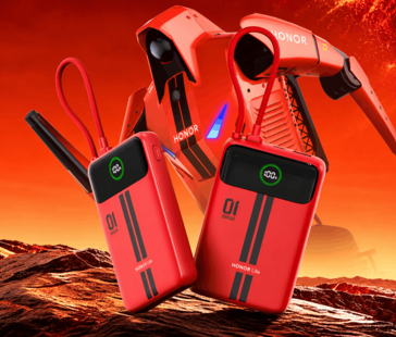 Twee rode Honor Life-powerbanks met ingebouwde displays en bevestigde kabels, weergegeven tegen een rode achtergrond