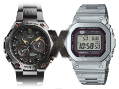 Het nieuwe Casio MR-G lek wijst op een kruising tussen deze twee werelden. Afgebeeld - De Casio MRG-G1000HT-1A links, een 'X' in het midden, en de Casio MRG-B5000 vierkante G-Shock rechts. (Afbeeldingsbron: Casio - Bewerkt)