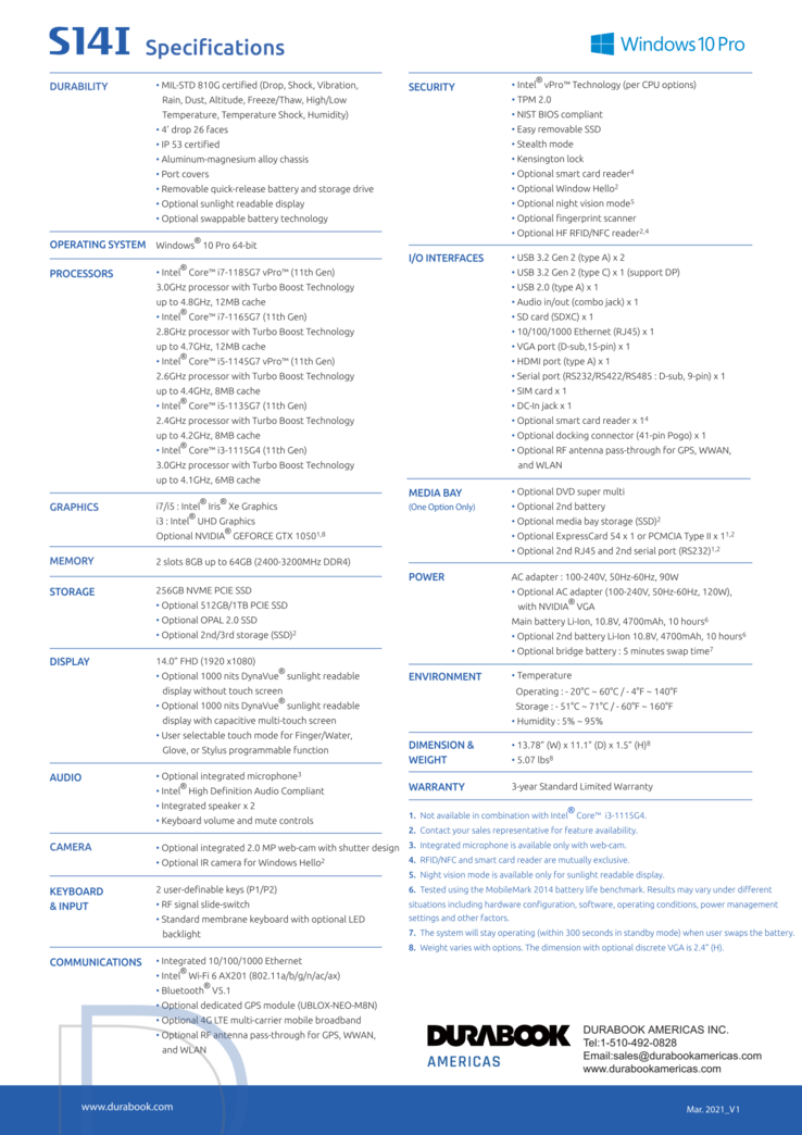 Durabook S14I opties en specificaties (Bron: Durabook)