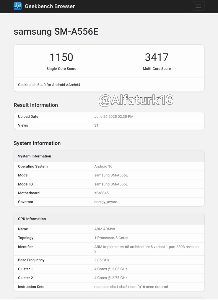 Een "Galaxy A55 5G" is bijgewerkt naar Android 16 in een nieuw lek. (Bron: Geekbench via AlfaTurk op X)