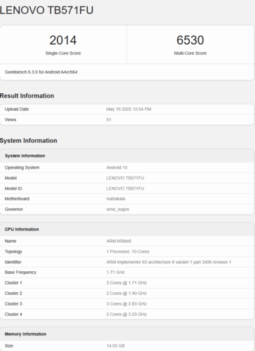 Lenovo Yoga Pad Pro met S1101-chip (bron: Geekbench)