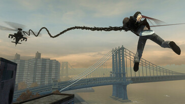 Afbeelding uit het spel Prototype met een helikopter en het hoofdpersonage. (Afbeeldingsbron: Steam)