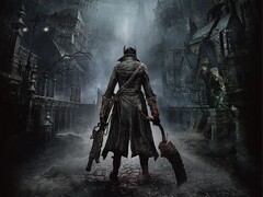 Officiële key art van Bloodborne waarop de Hunter te zien is terwijl hij in de straten van Yharnam staat