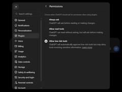 Screenshot van de ChatGPT-instellingen, plug-ins en machtigingen met de opties ‘Altijd vragen’, ‘Leesgereedschappen toestaan’ en ‘Gereedschappen met laag risico toestaan’
