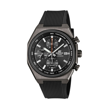 Casio Edifice EFSS660PB-1A-chronograaf met een grijze, ion-geplateerde kast, een zwarte kunststof band, een zwarte wijzerplaat met textuur, een rode centrale secondewijzer, drie subwijzerplaten en een tachymeterschaal.