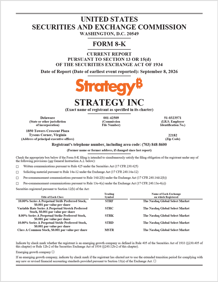 Strategy’s SEC-formulier 8-K • 8 september 2026