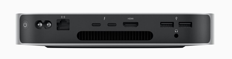 Achterkant: aan/uit-knop, netsnoer, Ethernet 2x USB-C 4.0 met Thunderbolt 4 (40 GBit/s, DisplayPort-ALT-modus), HDMI 2.0, 2x USB-A 3.2 Gen.1 (5 GBit/s), 3,5 mm audio (Afbeelding: Apple).