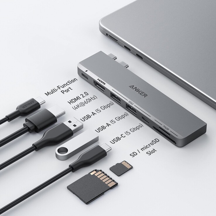 De bijgewerkte Anker 547 USB-C Hub (7-in-2, voor MacBook, grijs). (Beeldbron: Anker)