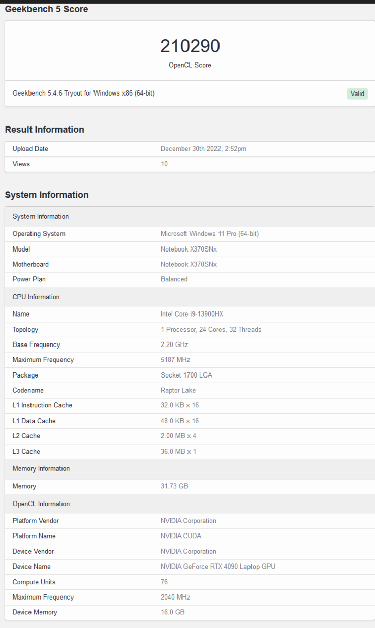 Nvidia GeForce RTX 4090 laptop op Geekbench (afbeelding via Geekbench)