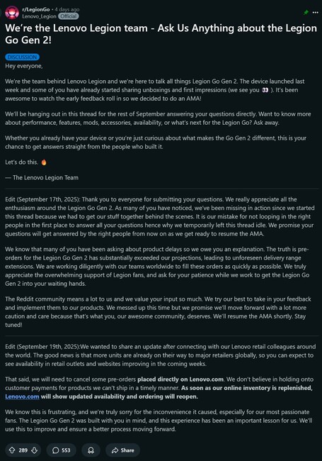 Lenovo Legion Go 2 pre-order update (Afbeelding bron: screenshot, Lenovo Legion Go subreddit)
