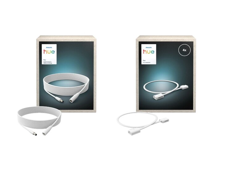 De Philips Hue Flux-kabelverlenging (links) en Flux Flex-connector (rechts). (Afbeeldingsbron: Philips Hue via OBI, bewerkt)