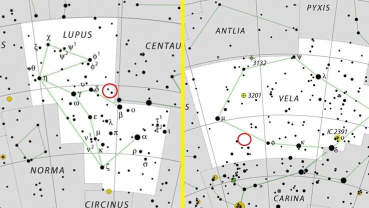 De locatie van de novae V462 Lupi en V572 Velorum in de sterrenbeelden Lupus en Vela. (Afbeeldingsbron: IAU/Wikimedia - Live Science)