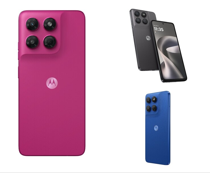 Motorola moto g37 getoond in Pantone Fuchsia Red, Pantone Impenetrable en Pantone Nautical Blue kleuropties.