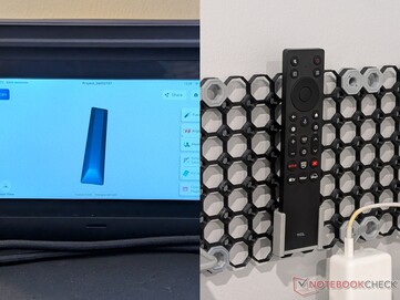 Gescande TCL-afstandsbediening en 3D-geprinte houder.