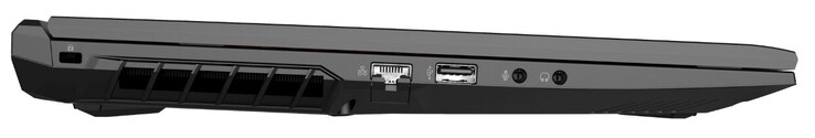 Links: Gleuf voor een kabelslot, Gigabit Ethernet, USB 2.0 (Type-A), microfooningang, hoofdtelefoonuitgang