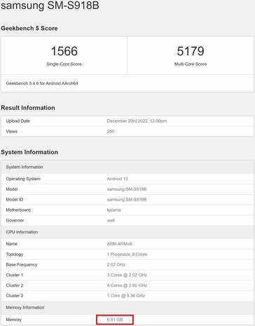 S23 Ultra met 8 GB RAM. (Beeldbron: Geekbench)