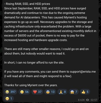 Myrient gaat volgende maand dicht, op grond van stijgende infrastructuurkosten.