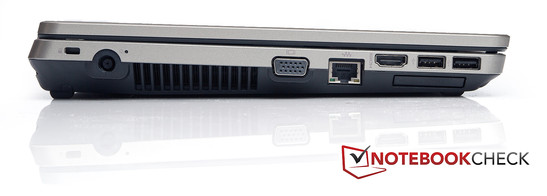 Linkerzijde: Kensington Lock, stroomaansluiting, VGA, LAN, HDMI, 2x USB 2.0, ExpressCard/34