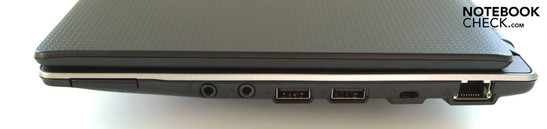 Rechterzijde: 5-in-1 kaartlezer, hoofdtelefoon (SPDIF), microfoon, 2x USB 2.0, Kensington slot, LAN