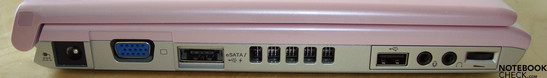 Linkerzijde: stroomvoorziening, VGA-uitgang, eSATA/USB, ventilator, USB, audio (koptelefoon, Microfoon), volumeknop