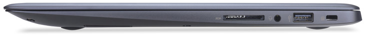 Rechterkant: geheugenkaartlezer (SD), gecombineerde audiopoort, USB 2.0 (Type-A), kabelslot