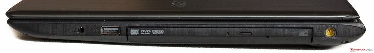 Right side: Audio in/out, USB 2.0, DVD drive, power