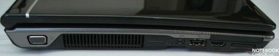 Linkerkant: VGA, ventilator, Firewire, USB 2.0/eSATA, HDMI, cardreader