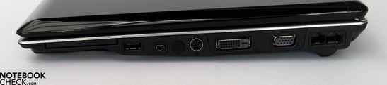 Rechterkant: ExpressCard, USB, Firewire, S-video, DVI-D, VGA poort, modem, LAN