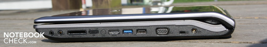 Rechts: Koptelefoon/SPDIF, microfoon, kaartlezer, draadloos aan/uit, HDMI, USB 3.0, eSATA/USB, VGA, Kensington, AC