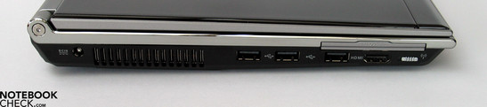 left side: power connector, fan, 3x USB, HDMI, ExpressCard