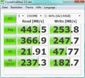 Crystal Disk Mark: 443 MB/s (seq. lezen)