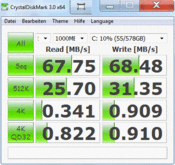 Crystal Disk Mark 68 MB/s lezen/schrijven