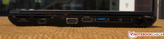 Rechts: Geheugenkaartlezer, SD kaartlezer , Kensington lock, VGA, HDMI, USB 3.0, 2 x USB 2.0, RJ45, Stroomaansluiting