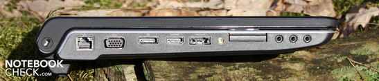 Links: LAN, VGA, DisplayPort, HDMI, ExpressCard 3/4, Mic, 2 x Line-Out