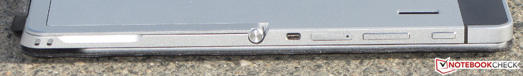 Left side: eyelet for pen loop (far left), lock slot, SIM slot, volume rocker switch, power button