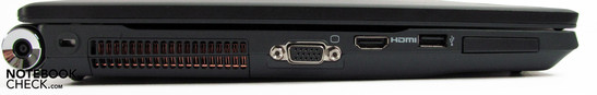 Lijkerzijde: DC-in, Kensington slot, VGA, HDMI, USB, ExpressCard